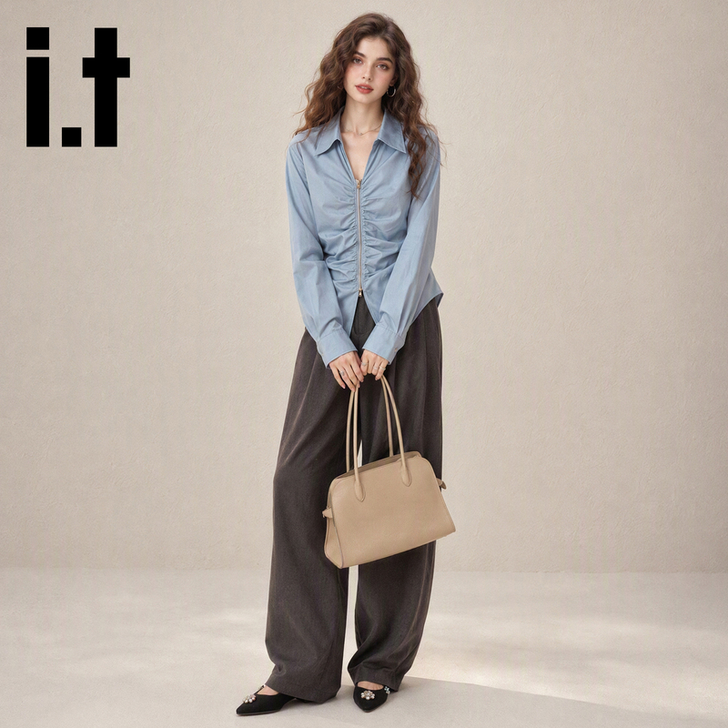 It:Chocoolate Light Blue Long-Sleeved Shirt for Women 2026 Autum New Style Waist Slimming V-Neck Zipper Top It:Chocoolate Light Blue Long-Sleeved Shirt for Women 2026 Autum New Style Waist Slimming V-Neck Zipper Top
