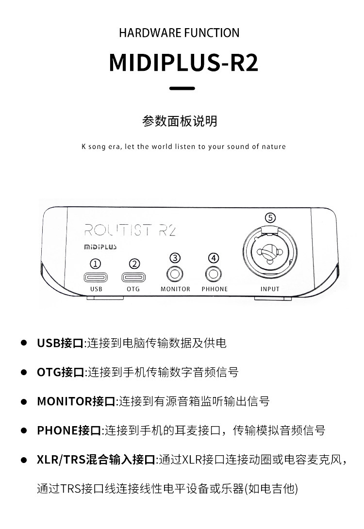 k歌/直播声卡套装 midiplus routist r2 外置专业otg录音卡k歌调试外置usb手机迷笛
