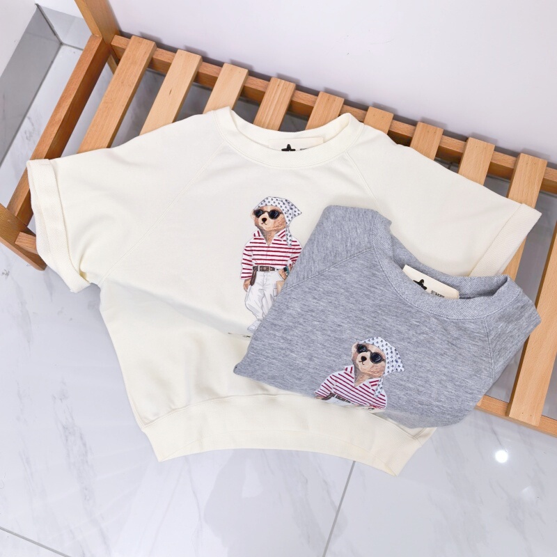 Women's Autumn and Summer T-Shirt, Jizhuxin Rl Cartoon Bear Loose Fit Drop Shoulder Vacation Style Terry Short-Sleeve Sweatshirt