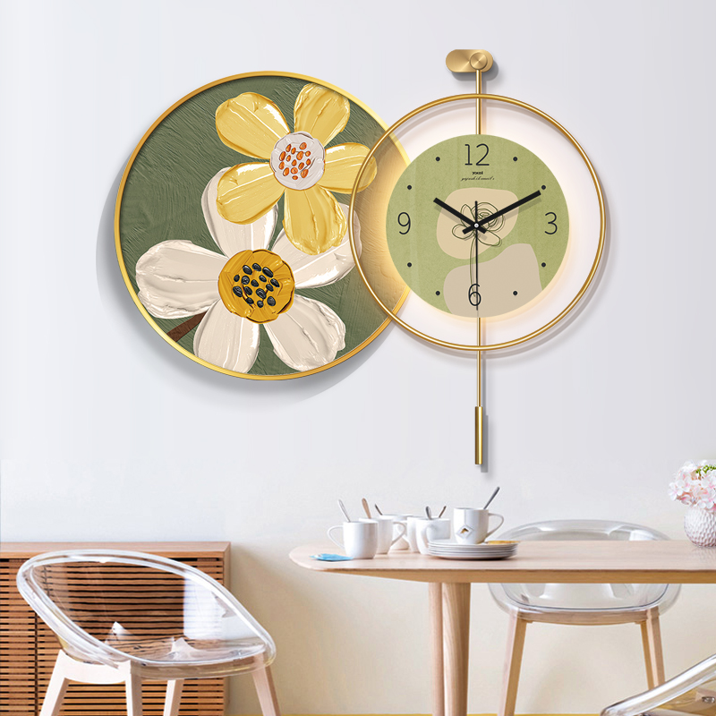 New Clock Dining Room Decoration Painting Dining Table Dining Room Hanging Table Wall Lamp Round Hanging Clock Combo Living Room Background Wall Clock-Taobao