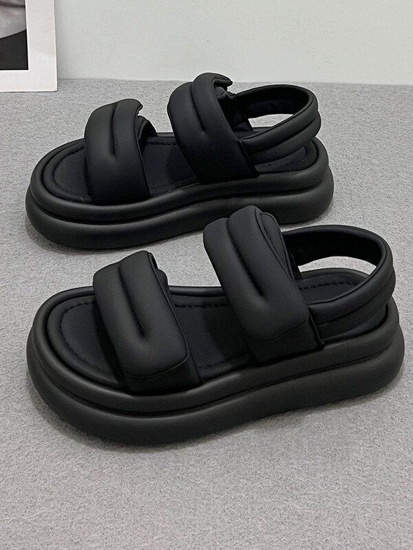 Genuine Leather High-Bottom Casual Bread Sandals for Women Summer 2023 New Style Foot-Showing Small Thick-Soled Sponge Cake Velcro Beach Shoes