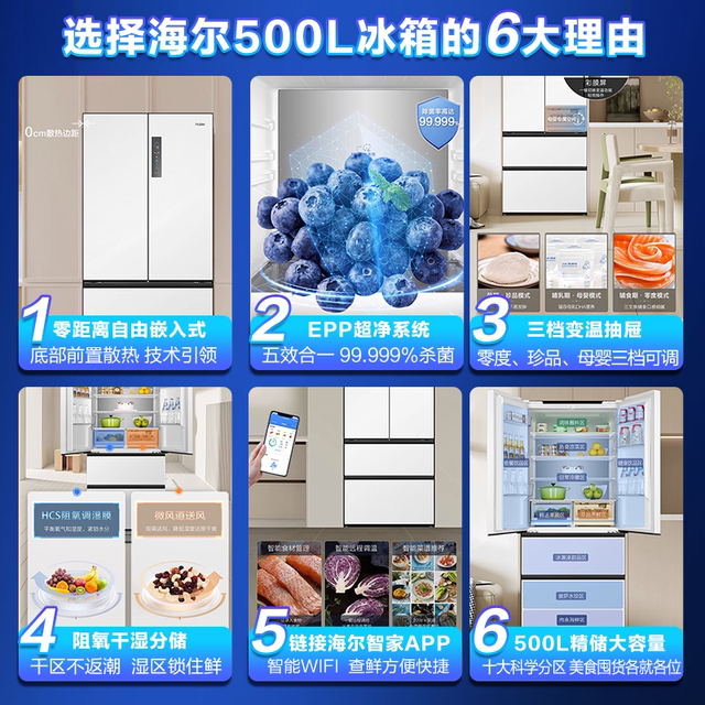 Haier French-style refrigerator multi-door white zero-embedded first-class frost-free and pure odor BCD-500WGHFD4DW9U1