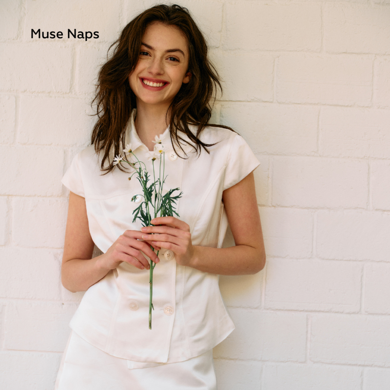 Muse Naps “South Wind Holiday” Satin Lapel Double-Breasted Shirt with Waist-Cinching Small Flutter Sleeves Top