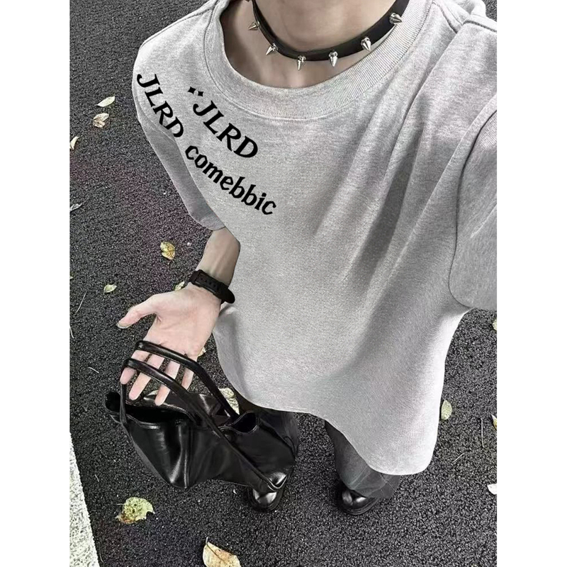 Trendy American-Style High Street Gray Short-Sleeve T-Shirt for Men and Women, Loose Fit with Letter Print, Heavyweight Pure Cotton Top for Students, Street Style