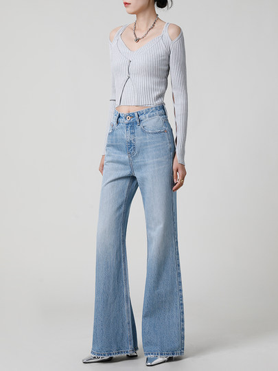 Fashionable and slimming light blue high-waisted straight-leg bootcut jeans for women loose 2025 new wide-leg flared pants