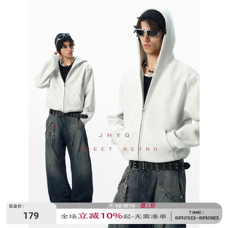 Jhyq No Logo American Style Loose Fit Plain Hooded Short Sweatshirt Unisex Zip-Up Cardigan Casual Hoodie