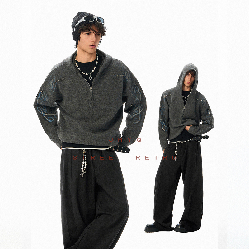 Jhyq Purifying Eyelet American Rivet Patchwork Half-Zip Hooded Sweater Jacket for Men, Autumn and Winter Loose Sweatshirt