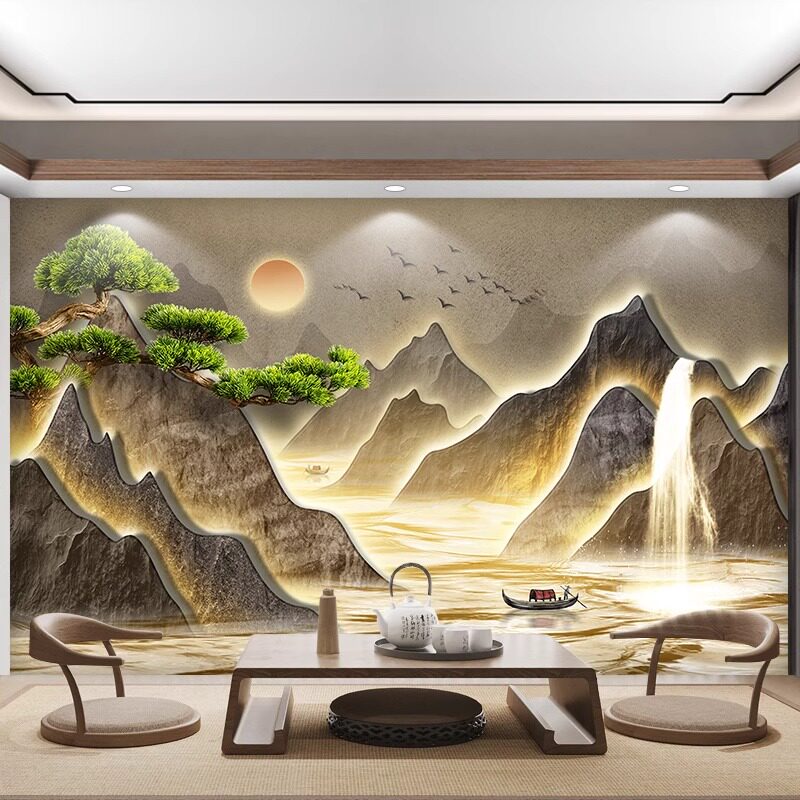 3D新中式茶室墙纸客厅办公室酒店大厅背景壁布浮雕大气山水画壁画