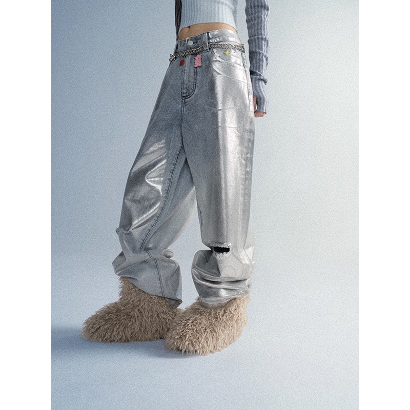 Goodbai Goodees Low-Rise Silver Distressed Straight-Leg Jeans