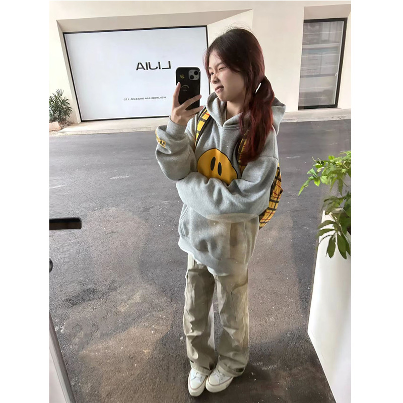 Drew Smiley Face American-Style Hooded Couple Sweatshirt Autumn and Winter Fleece High Street Fashion Niche Hoodie Thickened Jacket for Men and Women