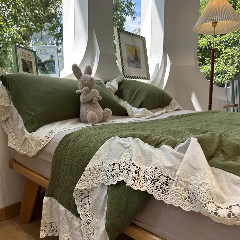Green Summer Quilt, Wrinkled Double-Layer Gauze Lace Trim, Pure Cotton Olive Green Four-Piece Set, Air-Conditioning Thin Quilt Core, Single/Double Size