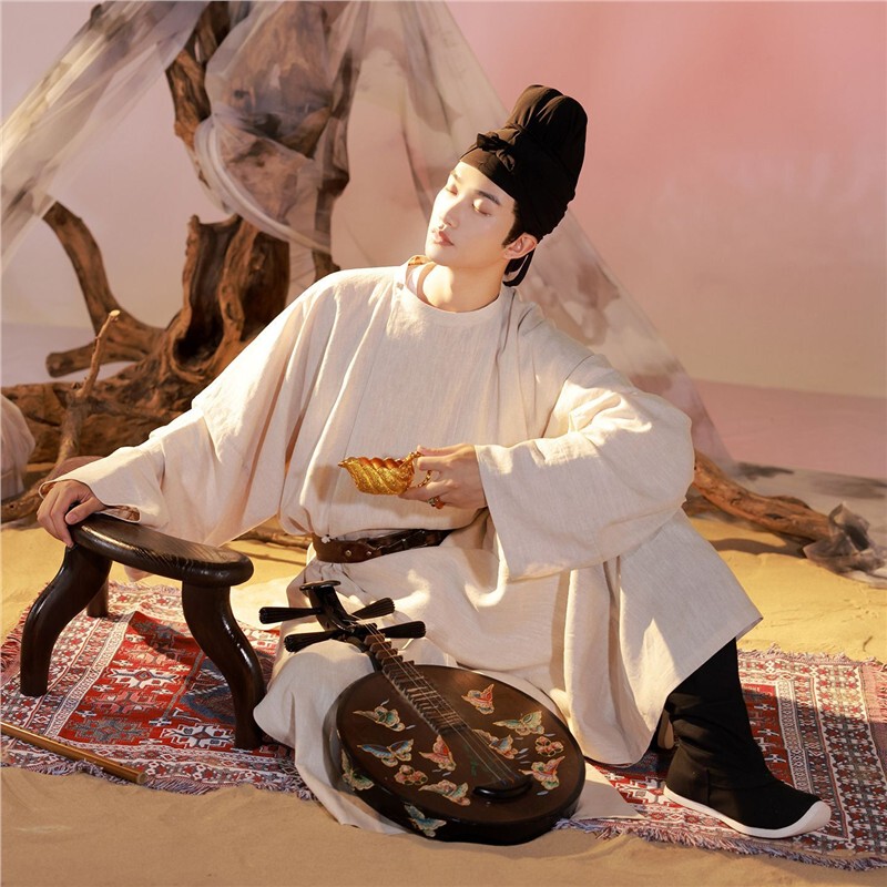 Cotton and Linen Large-Size Traditional Spring/Summer Men's Hanfu Tang-Style Round-Neck Robe, Crotchless Robe, Scholar Li Bai Style, Unisex Cotton and Linen Large-Size Traditional Spring/Summer Men's Hanfu Tang-Style Round-Neck Robe, Crotchless Robe, Scholar Li Bai Style, Unisex
