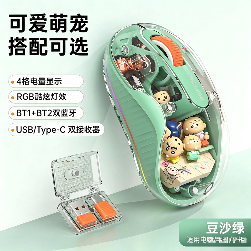 Crayon Shin-Chan Rice Grain DIY Wireless Bluetooth Three-Mode Transparent Mouse Rechargeable Bass Tablet Laptop