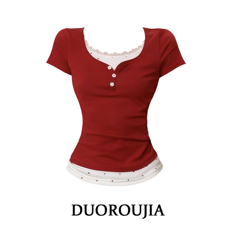 Duor Plus-Size Sweet Girl Style Fake Two-Piece Lace Trim Short-Sleeve T-Shirt Women's Summer Clothing for Chubby Girls, Age-Reducing and Slimming Top