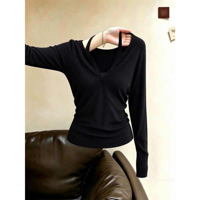 Duor Plus Size Korean Style Halter Neck Buttoned Base Shirt Women's Autumn Casual Slimming Top Two-Piece Set Duor Plus Size Korean Style Halter Neck Buttoned Base Shirt Women's Autumn Casual Slimming Top Two-Piece Set