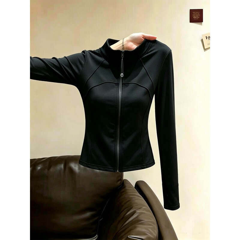 Duor Plus-Size Black Stand-Up Collar Double-Chain Warm Jacket Cardigan for Women, Autumn, for Chubby Women, Inner Layer Sports Coat Top