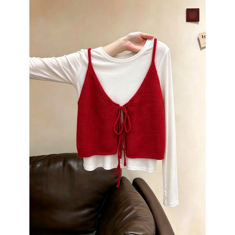 Duor Plus-Size Korean-Style Red V-Neck Knitted Camisole for Women, Early Autumn, for Chubby Girls, Stylish Sleeveless Top Duor Plus-Size Korean-Style Red V-Neck Knitted Camisole for Women, Early Autumn, for Chubby Girls, Stylish Sleeveless Top
