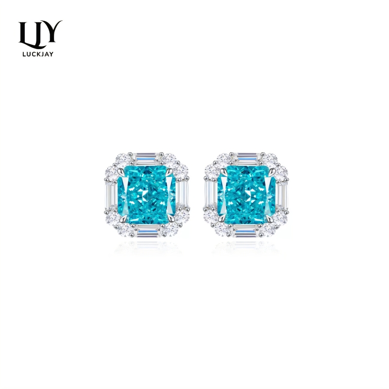【Shuyuan Same Style】Luckjay S925 Sterling Silver Ocean Blue Ice Flower Cut Earrings for Men and Women, Sugar Cube High Carbon Diamond Earrings