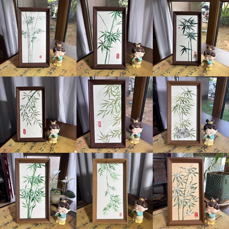 Collection of Hand-Painted Chinese Paintings of Bamboo, Framed Size 14.7×27.4, Bamboo Symbolizes Peace and Prosperity, Rising Steadily