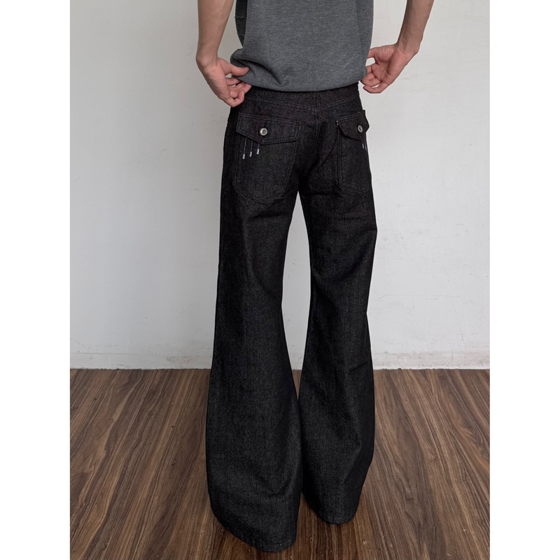American High Street Narrow Embroidered Flared Raw Denim Jeans for Men, Clean Fit, Washed and Distressed Straight-Leg Pants for Summer