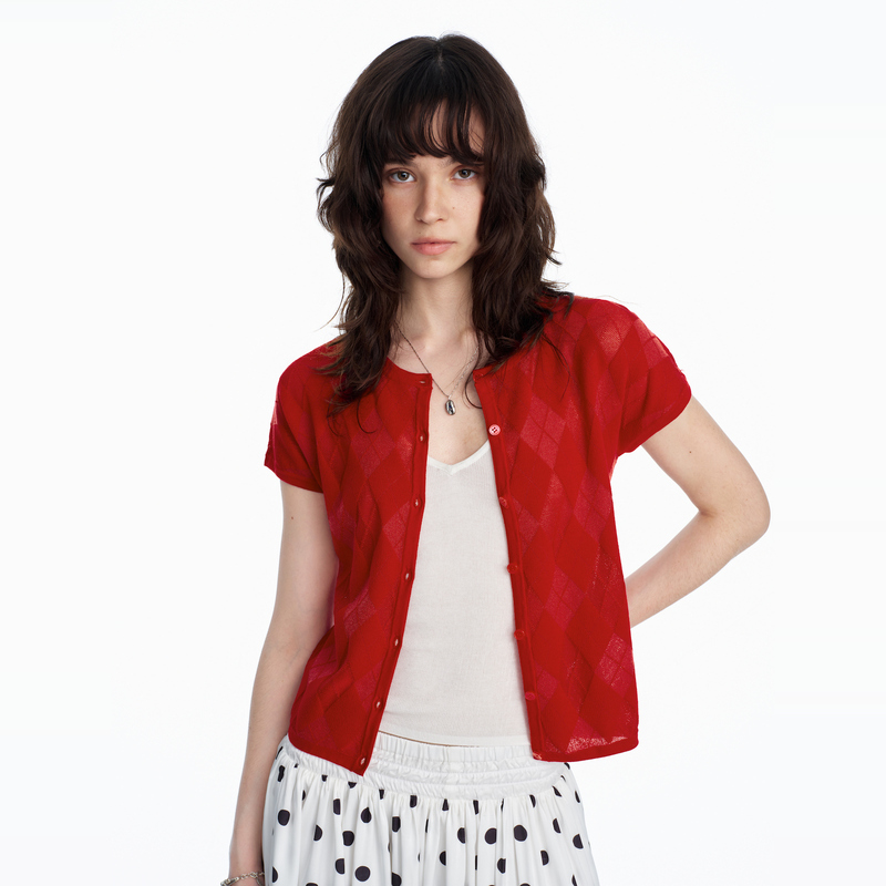 Ni8Htmetro Cut Out Diamond Pattern Summer Thin Short-Sleeved Knitted Cardigan Ni8Htmetro Cut Out Diamond Pattern Summer Thin Short-Sleeved Knitted Cardigan