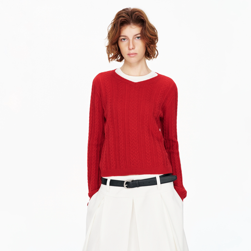 Ni8Htmetro 100% Wool Layered Red V-Neck Pullover Knitted New Year Sweater