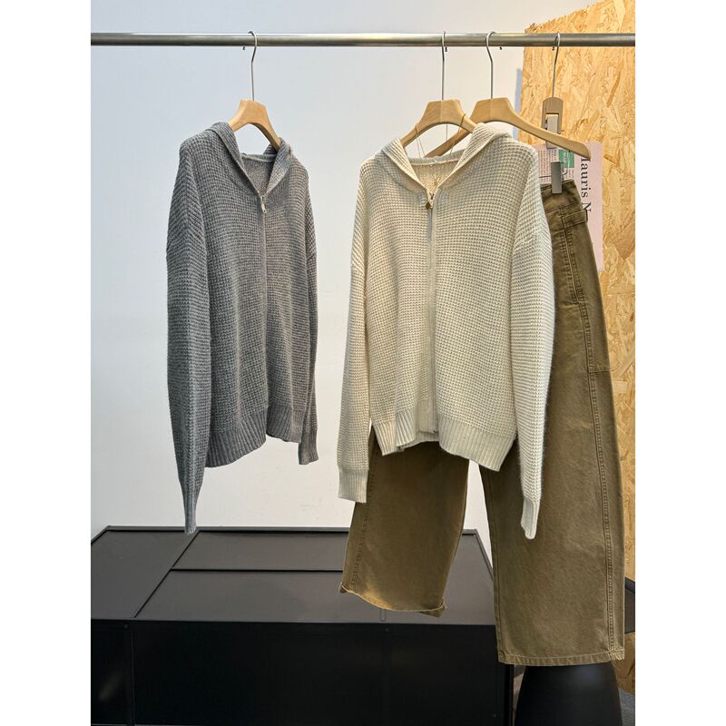 【Waffle Knit】Pineapple Textured Hooded Long Sleeve Knitted Cardigan Jacket 29364