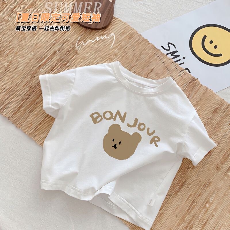 100% Pure Cotton Kidsren's Short-Sleeved Summer New Style Printed T-Shirt for Boys and Girls, Loose Baby Half-Sleeved Top, Cute Summer T-Shirt