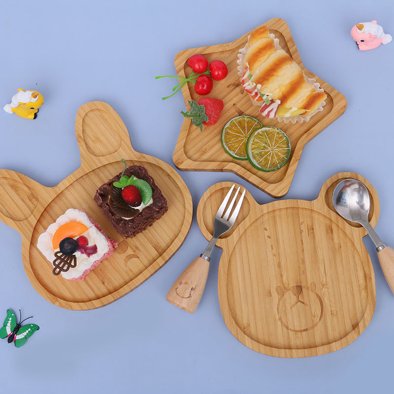 Japanese-Style Children's Anti-Drop Wooden Dinner Plate Cartoon Creative Tray Fork and Spoon Set Fruit Snack Solid Wood Plate