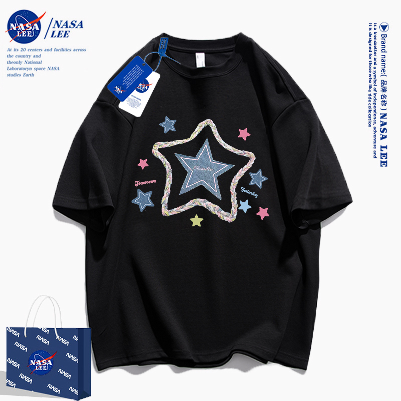 Nasa Co-Branded Trendy Star Short-Sleeved T-Shirt for Women, Pure Cotton, 2026 Summer New Style, American College Style Versatile Top