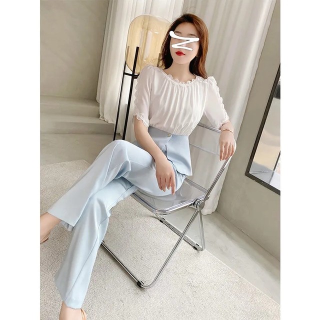 High-end professional wear temperament goddess fan suit summer fashion workplace commuting blue wide-leg pants two-piece western style