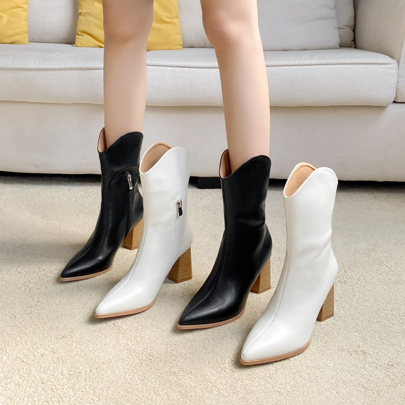 Hong Kong leather thick-heeled short boots women's ins tide 2023 autumn and winter plus velvet all-match pointed toe high-heeled British knight boots