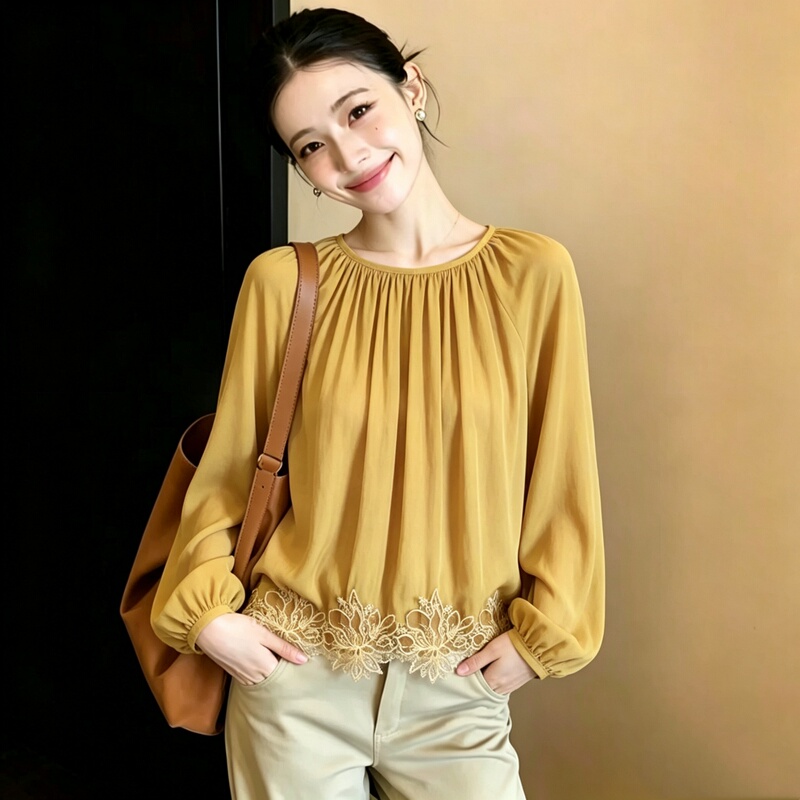 Lantern Sleeve Lace-Trimmed Shirt for Women, French Socialite Style, Round Neck Blouse, 2026 New Early Autumn Long-Sleeve Top