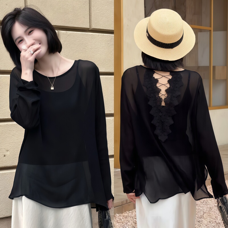 Backless Lace Patchwork Black Sun Protection Blouse for Women 2026 New Summer Sheer Thin Long-Sleeved Top