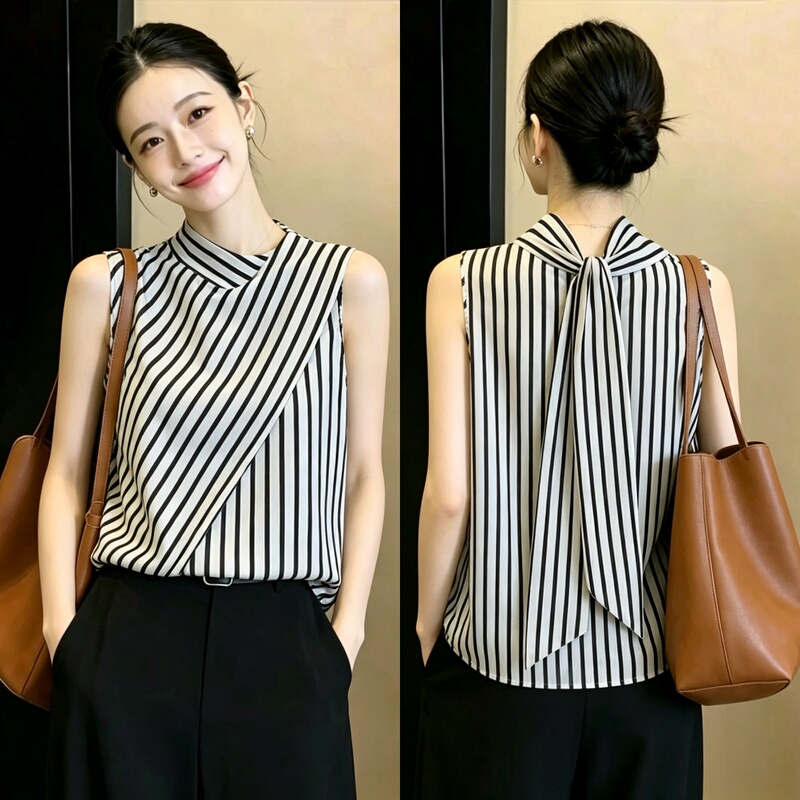 Retro Stripesd Long Ribbon Sleeveless Shirt, Feminine Work Clothing, Thin Vest, 2026 New Summer Fashionable Top