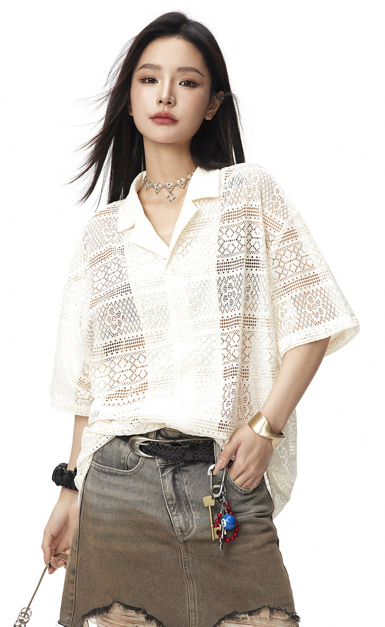 Джинсовая рубашка gu liang「设计师品牌」/男女同款/小众镂空古巴领情侣短袖衬衫潮