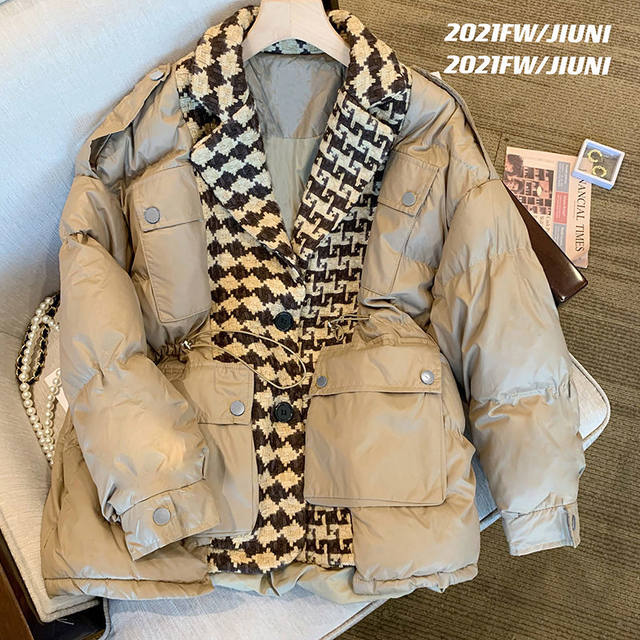 Xiaoxiangfeng houndstooth down padded jacket women's 2022 winter new large size stitching design padded padded jacket thickened jacket