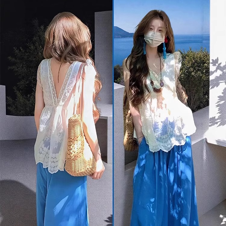 Summer Outfit Set for Plus-Size Women: Backless V-Neck Lace Top and Wide-Leg Pants, Dopamine-Style, Very Stylish Set for Women