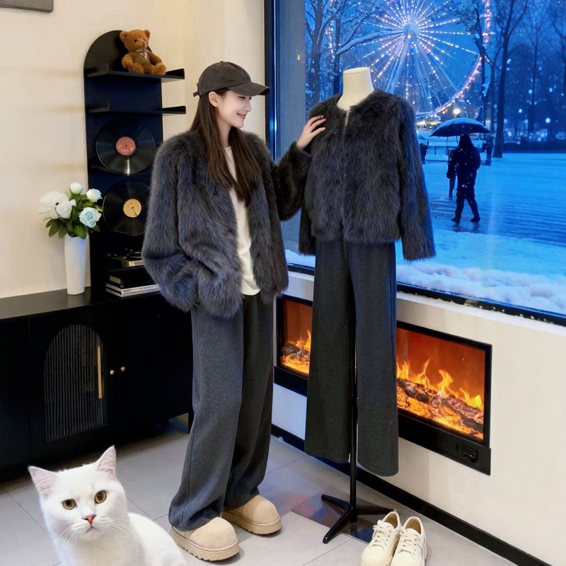 Winter Outfit: a Complete Set of Plus-Size Furry Coat, Casual Wide-Leg Pants, Relaxed and Simple Suit for Women
