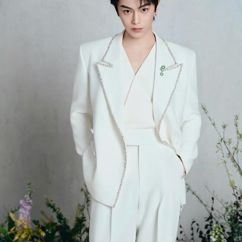Ding Yuxi's Same Style Elegant White Suit Set for Men with Designer Collar, Hand-Embroidered Beads, High-End Suit Jacket, Trendy