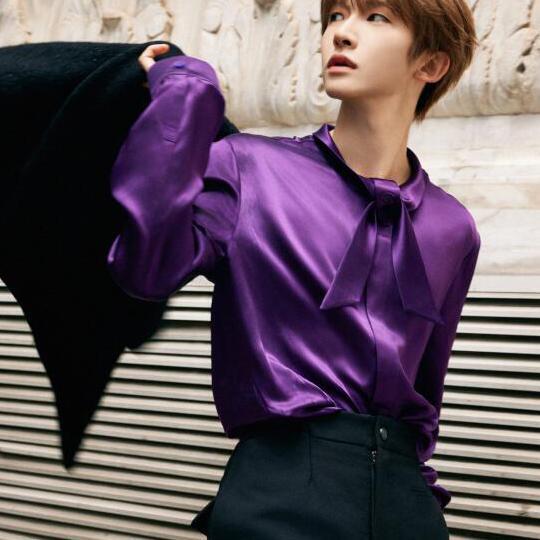 Liu Yu Celebrity-Style Purple Satin Shirt for Men with Unique Design, Bow Tie, Cool and Smooth Drape Shirt for Both Men and Women