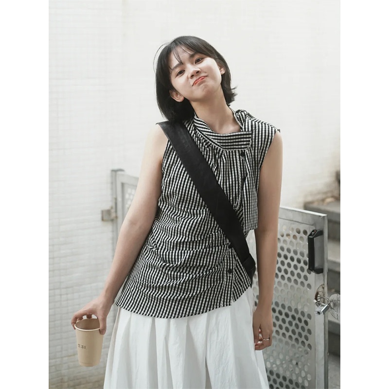 Hapipp Retro Simple Plaid Lace-Up Sleeveless Shirt for Women, Summer Design, Slim Fit, Chic Shirt