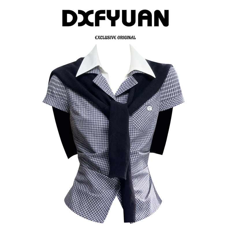 Korean Style Fake Two-Piece Short-Sleeved Shirt for Women, Summer Outfit, Color-Blocked Shawl Plaid Shirt, Waist-Cinching Slimming High-Neck Top