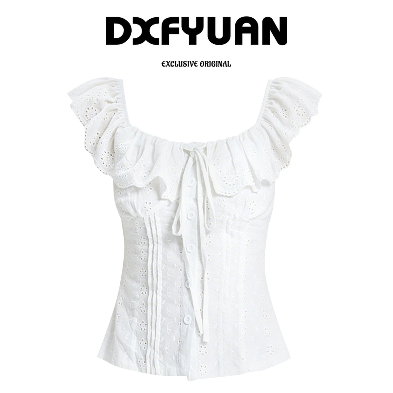 French Ruffle Collar Short-Sleeved Shirt for Women, Summer Wear, Hollow-Out Flutter Sleeve Shirt, Slim Fit, Slimming, Preppy Style Top