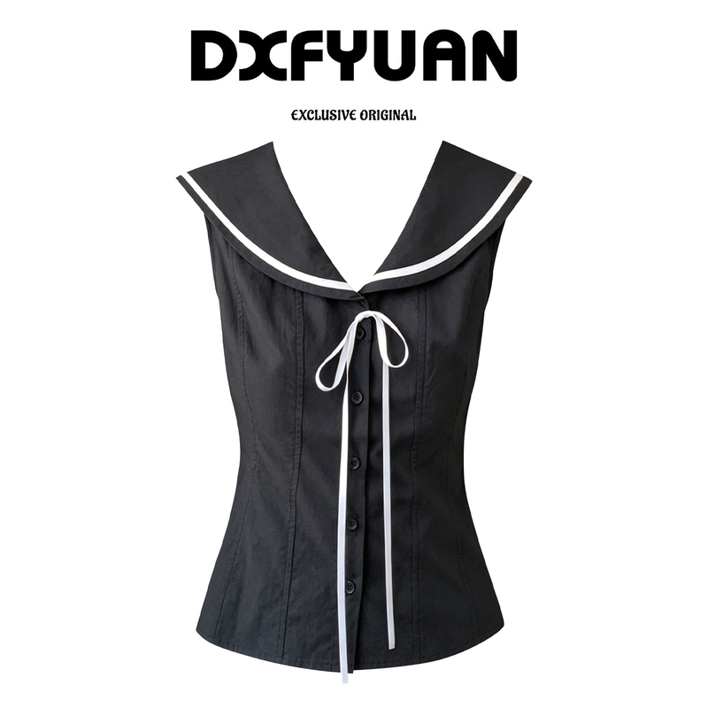 Korean-Style Lace-Up Vest for Women, Summer Wear, Sailor Collar, Sleeveless T-Shirt, Slim Fit, Slimming, Preppy Style Top, Trendy Korean-Style Lace-Up Vest for Women, Summer Wear, Sailor Collar, Sleeveless T-Shirt, Slim Fit, Slimming, Preppy Style Top, Trendy