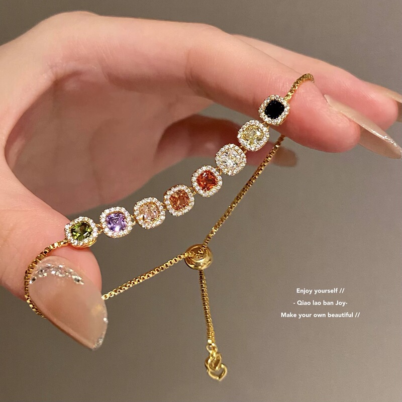 Light Luxury and High-End Sugar Cube Zircon Bracelet, Colorful Dopamine Ring, Fashionable, Simple and Versatile Bracelet, Elegant Hand Accessory Light Luxury and High-End Sugar Cube Zircon Bracelet, Colorful Dopamine Ring, Fashionable, Simple and Versatile Bracelet, Elegant Hand Accessory
