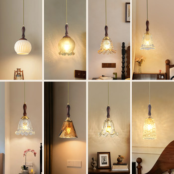 American-Style Vintage Bedside Pendant Light, French Mid-Century Luxury Glass Lamp with a High-End Floral Design for Bedroom, Bar, and Homestay