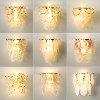 French-Style Light Luxury Crystal Wall Lamp for Living Room Background Wall, Vintage Feather Pearl Dining Room Bedroom Corridor American-Style Bedside Lamp