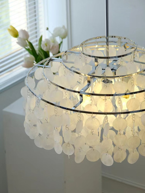 Italian Verpan French-Style Living Room Chandelier, Vintage Cream Shell Wind Chime, Designer Dining Room Master Bedroom Lighting Fixtures