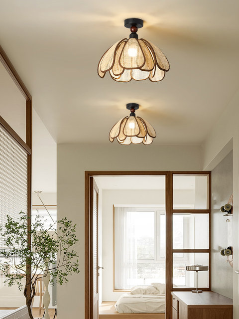 French Mid-Century Style Ceiling Lamp, Japanese-Style Guesthouse Rattan Creative Personality Art Petal Entrance Corridor Aisle Lamp
